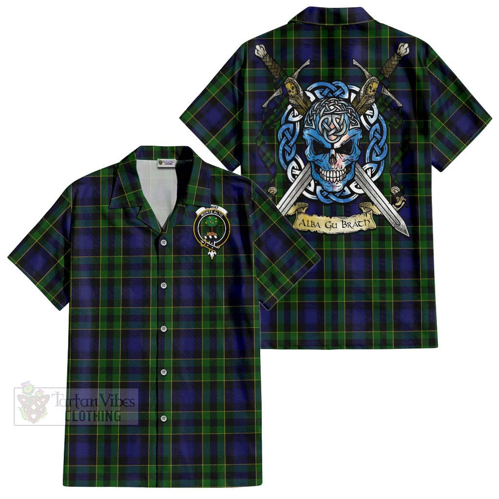 Tartan Vibes Clothing Mowat Tartan Short Sleeve Button Shirt with Family Crest Celtic Skull Style