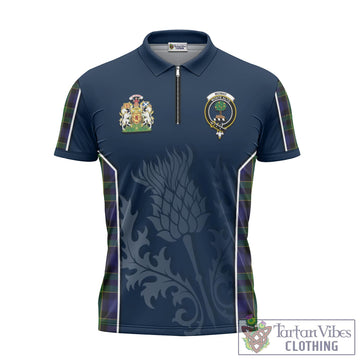 Mowat Tartan Zipper Polo Shirt with Family Crest and Scottish Thistle Vibes Sport Style Unisex - Tartan Vibes Clothing