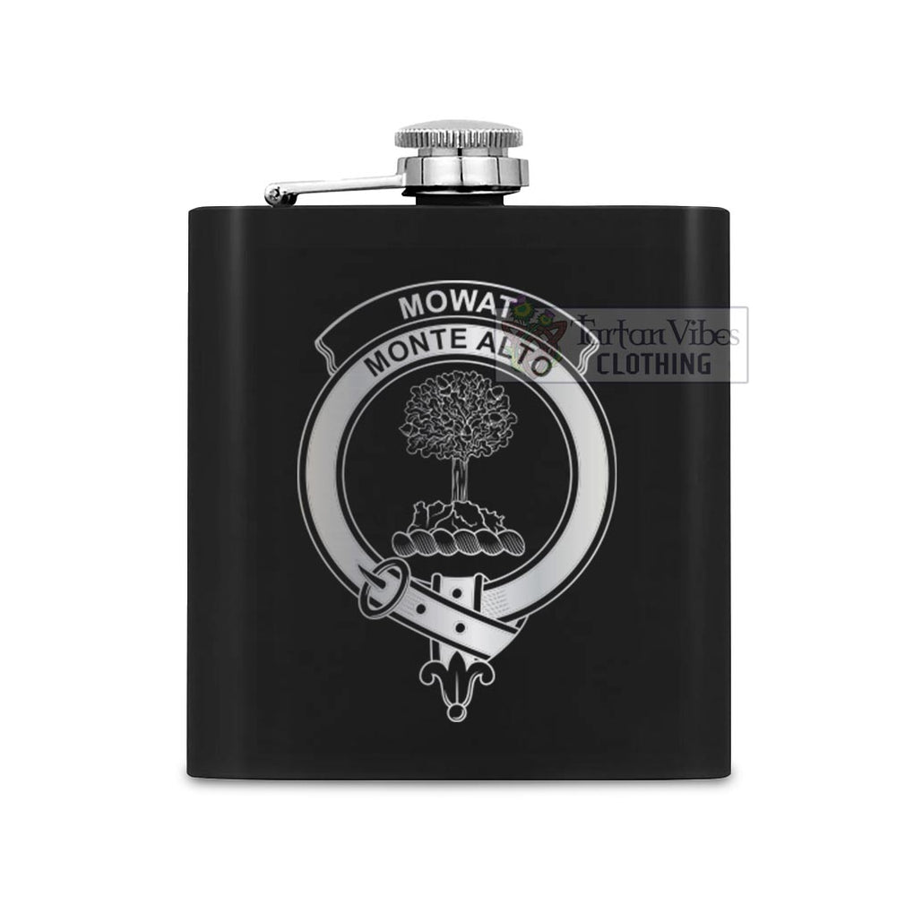 Tartan Vibes Clothing Mowat Crest Hip Flask Set 7oz Black Stainless Steel with A Gift Box