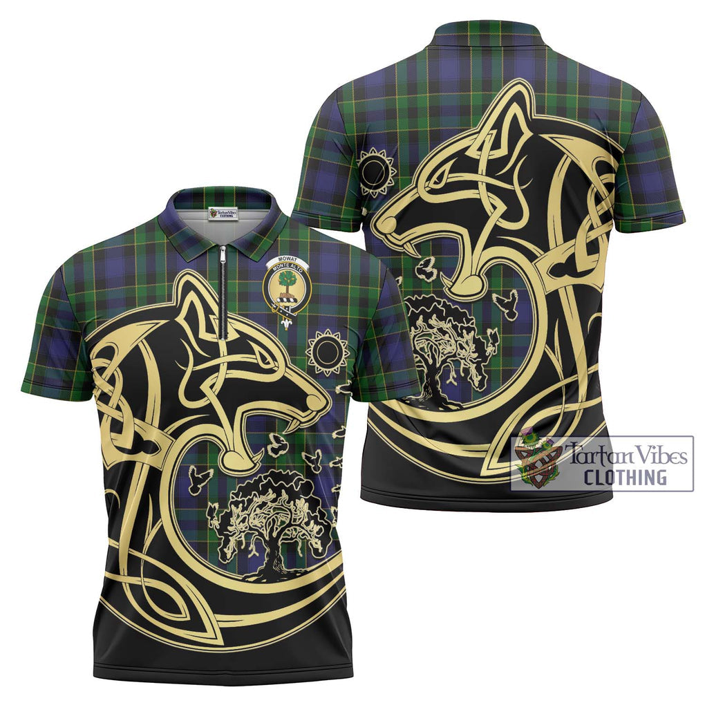 Mowat Tartan Zipper Polo Shirt with Family Crest Celtic Wolf Style Unisex - Tartanvibesclothing Shop