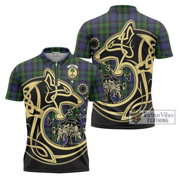 Mowat Tartan Zipper Polo Shirt with Family Crest Celtic Wolf Style