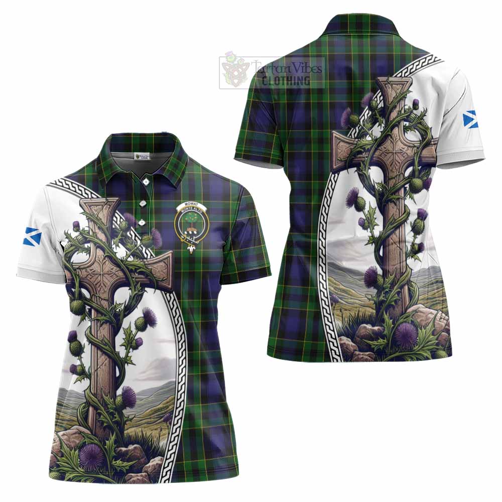 Tartan Vibes Clothing Mowat Tartan Women's Polo Shirt with Family Crest and St. Andrew's Cross Accented by Thistle Vines