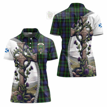 Mowat Tartan Women's Polo Shirt with Family Crest and St. Andrew's Cross Accented by Thistle Vines