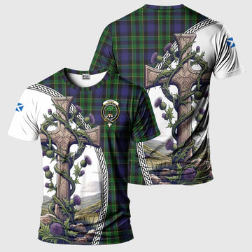 Mowat Tartan T-Shirt with Family Crest and St. Andrew's Cross Accented by Thistle Vines