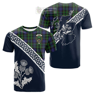 Mowat Tartan Cotton T-shirt Featuring Thistle and Scotland Map