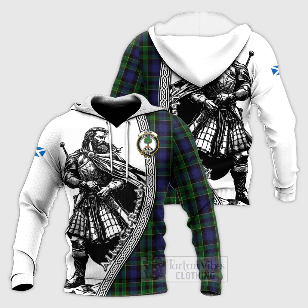 Tartan Vibes Clothing Mowat Tartan Clan Crest Knitted Hoodie with Highlander Warrior Celtic Style