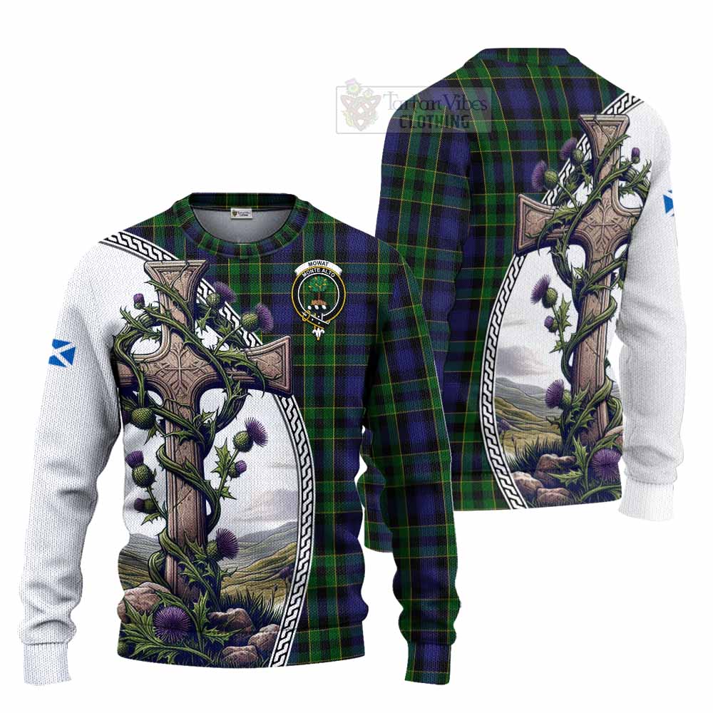 Tartan Vibes Clothing Mowat Tartan Knitted Sweater with Family Crest and St. Andrew's Cross Accented by Thistle Vines