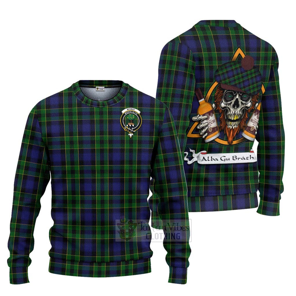 Tartan Vibes Clothing Mowat Tartan Knitted Sweater with Family Crest and Bearded Skull Holding Bottles of Whiskey