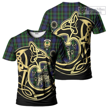 Mowat Tartan T-Shirt with Family Crest Celtic Wolf Style