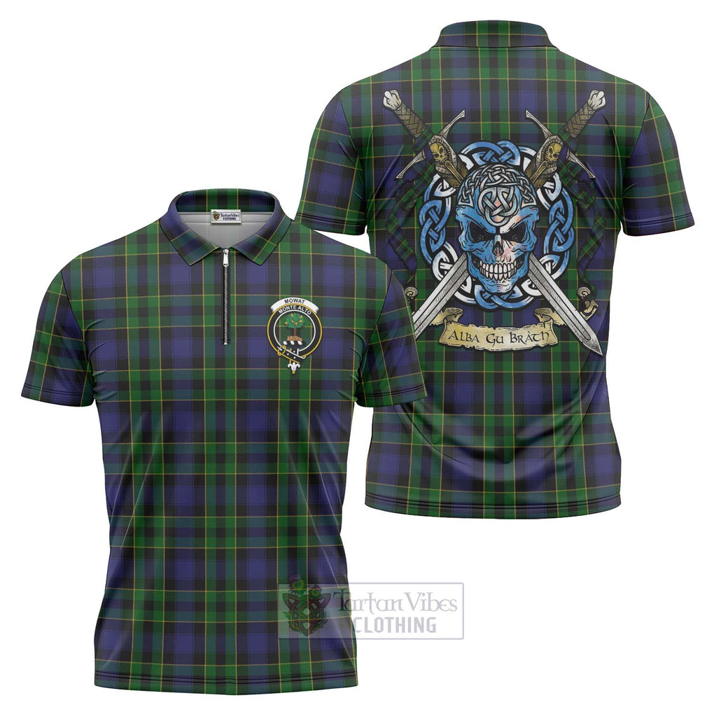 Tartan Vibes Clothing Mowat Tartan Zipper Polo Shirt with Family Crest Celtic Skull Style