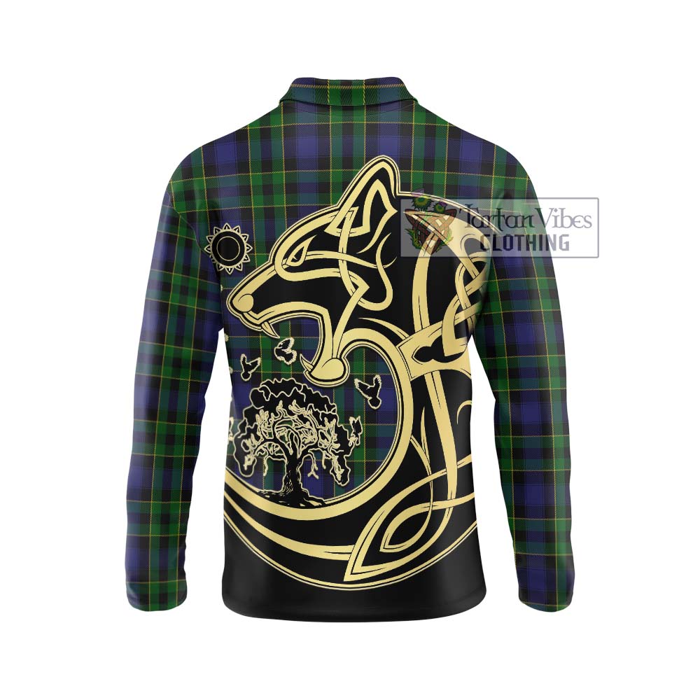 Mowat Tartan Long Sleeve Polo Shirt with Family Crest Celtic Wolf Style - Tartanvibesclothing Shop