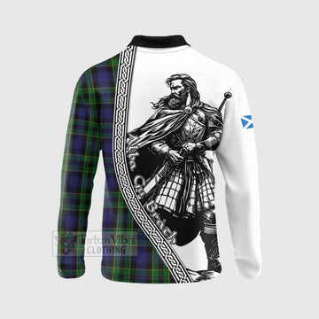 Mowat Tartan Clan Crest Long Sleeve Polo Shirt with Highlander Warrior Celtic Style