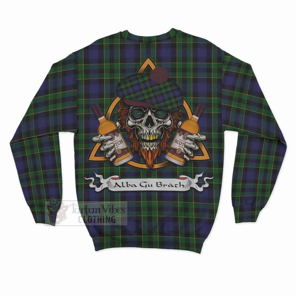 Tartan Vibes Clothing Mowat Tartan Sweatshirt with Family Crest and Bearded Skull Holding Bottles of Whiskey