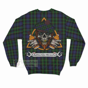 Mowat Tartan Sweatshirt with Family Crest and Bearded Skull Holding Bottles of Whiskey