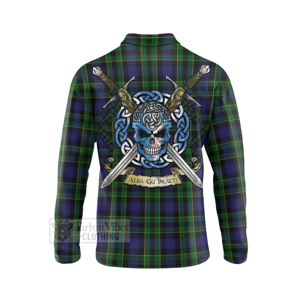 Tartan Vibes Clothing Mowat Tartan Long Sleeve Polo Shirt with Family Crest Celtic Skull Style