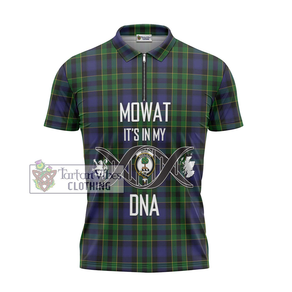 Mowat Tartan Zipper Polo Shirt with Family Crest DNA In Me Style - Tartanvibesclothing Shop