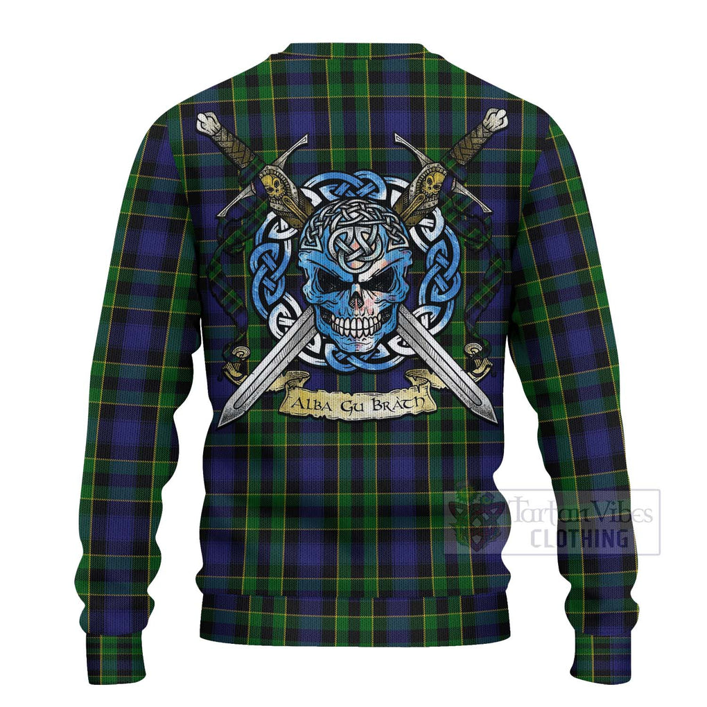 Tartan Vibes Clothing Mowat Tartan Knitted Sweater with Family Crest Celtic Skull Style