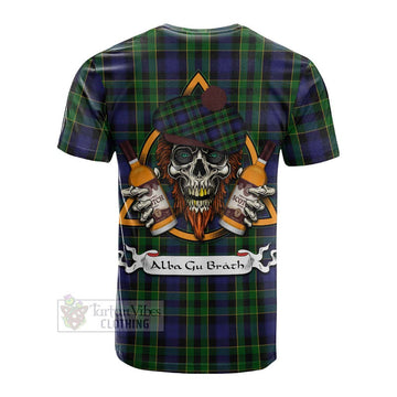 Mowat Tartan Cotton T-shirt with Family Crest and Bearded Skull Holding Bottles of Whiskey