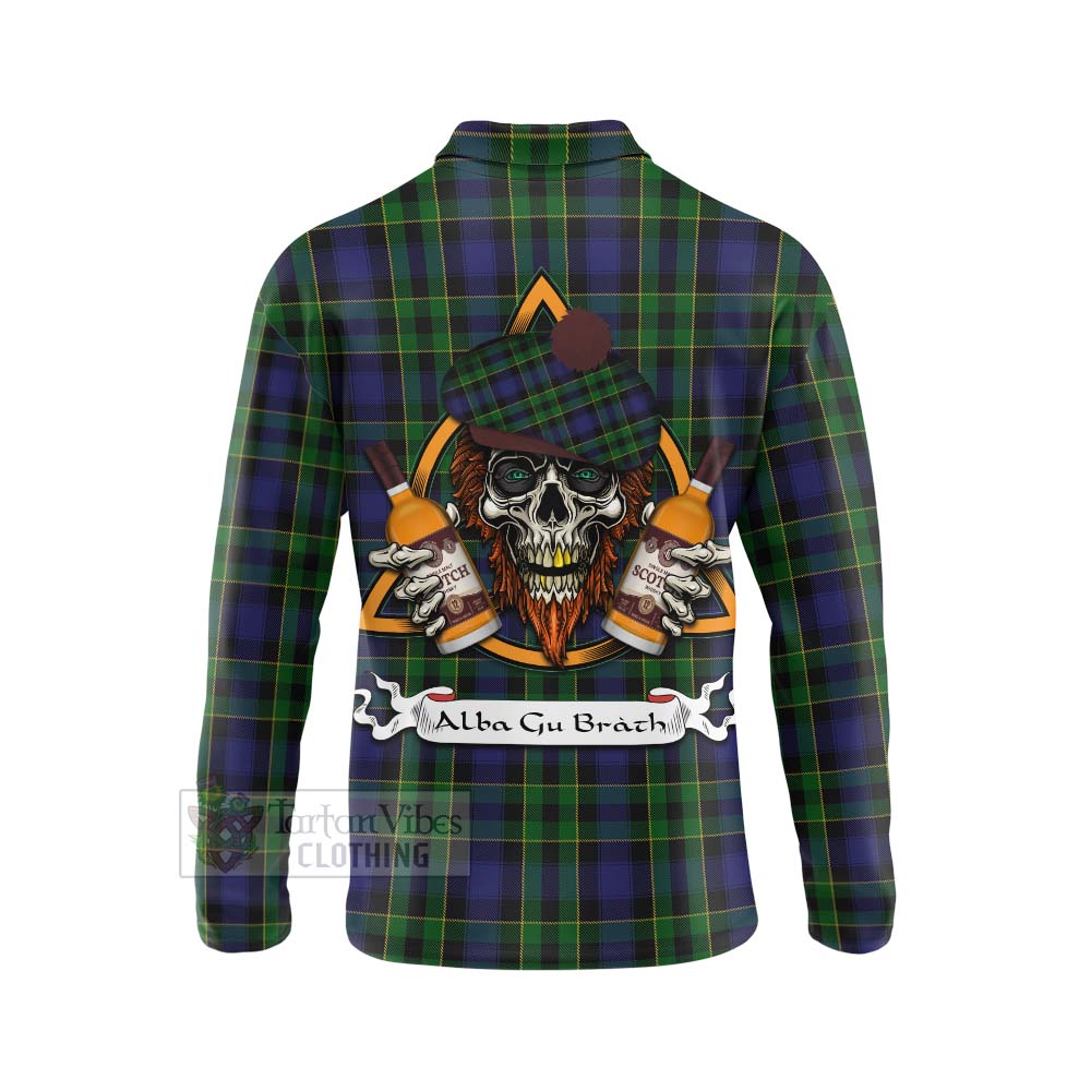 Tartan Vibes Clothing Mowat Tartan Long Sleeve Polo Shirt with Family Crest and Bearded Skull Holding Bottles of Whiskey