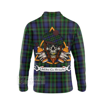 Mowat Tartan Long Sleeve Polo Shirt with Family Crest and Bearded Skull Holding Bottles of Whiskey