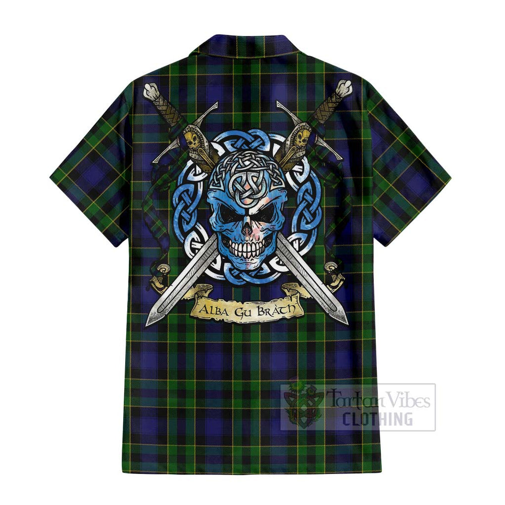 Tartan Vibes Clothing Mowat Tartan Short Sleeve Button Shirt with Family Crest Celtic Skull Style