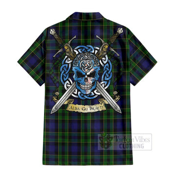 Mowat Tartan Short Sleeve Button Shirt with Family Crest Celtic Skull Style