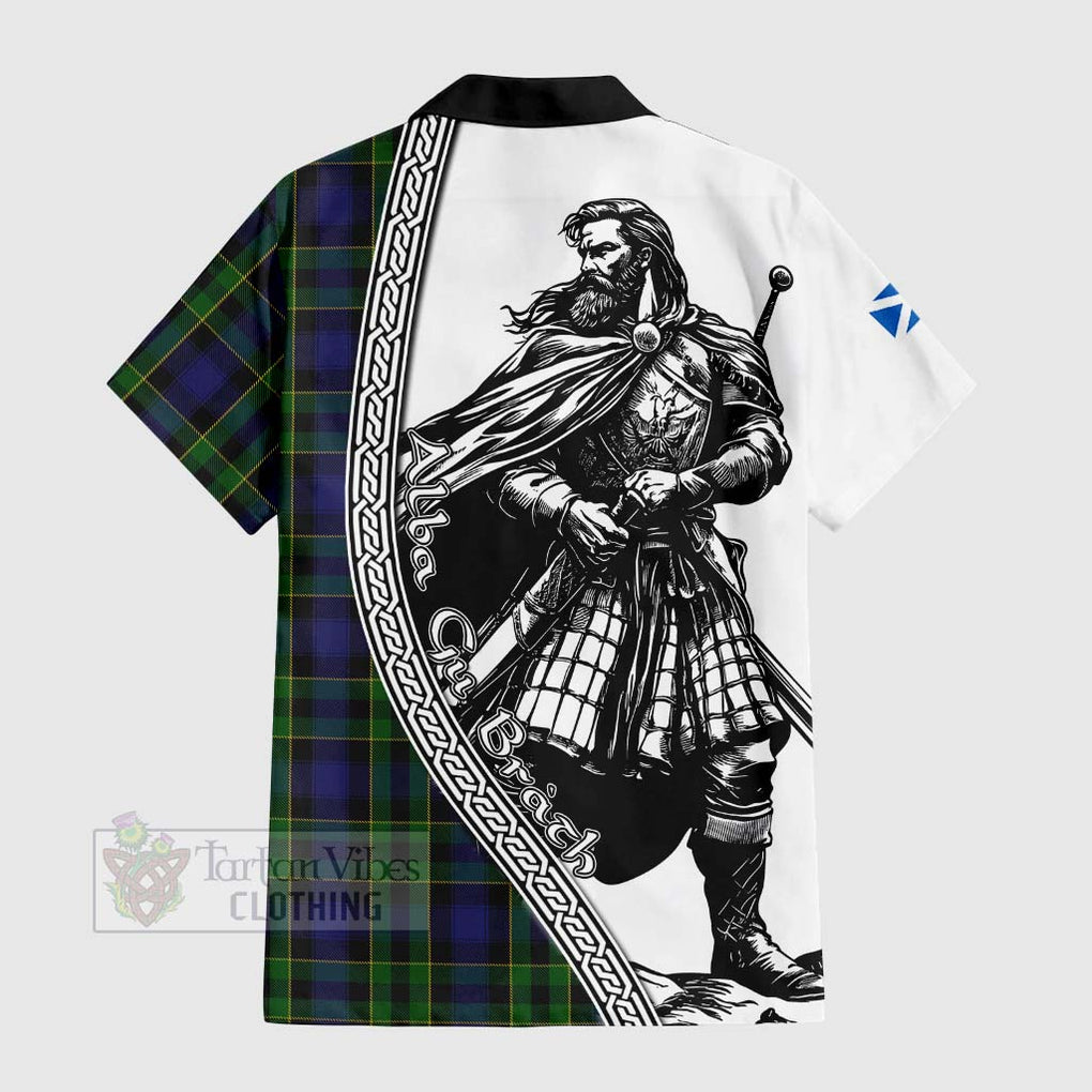 Tartan Vibes Clothing Mowat Tartan Clan Crest Short Sleeve Button Shirt with Highlander Warrior Celtic Style