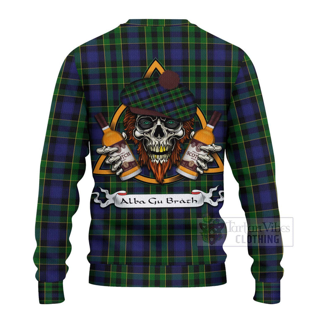 Tartan Vibes Clothing Mowat Tartan Knitted Sweater with Family Crest and Bearded Skull Holding Bottles of Whiskey