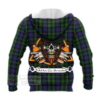 Mowat Tartan Knitted Hoodie with Family Crest and Bearded Skull Holding Bottles of Whiskey