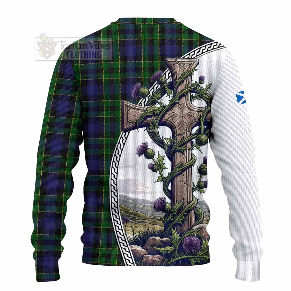 Tartan Vibes Clothing Mowat Tartan Knitted Sweater with Family Crest and St. Andrew's Cross Accented by Thistle Vines