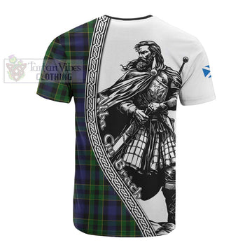 Mowat Tartan Clan Crest Cotton T-shirt with Highlander Warrior Celtic Style