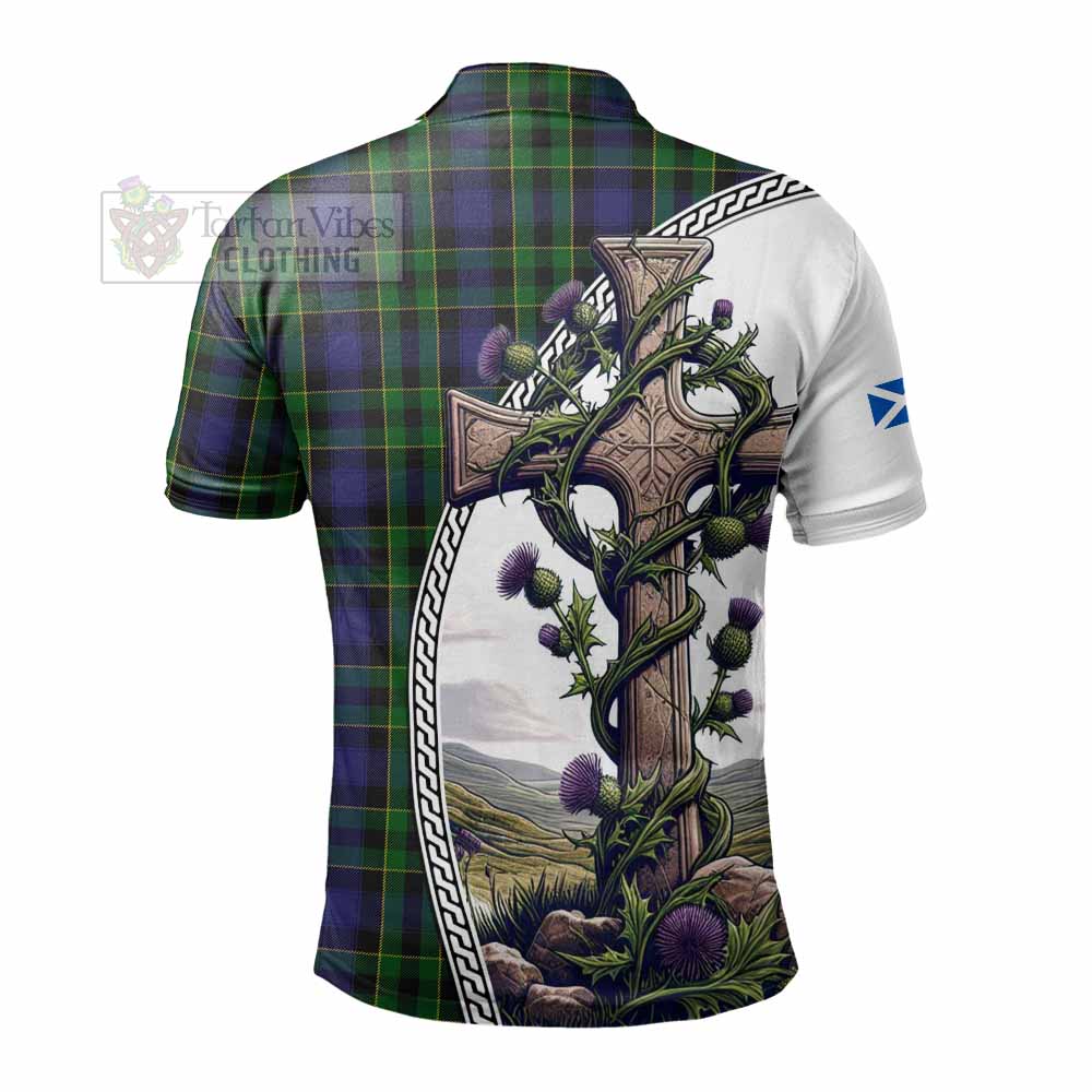 Tartan Vibes Clothing Mowat Tartan Polo Shirt with Family Crest and St. Andrew's Cross Accented by Thistle Vines