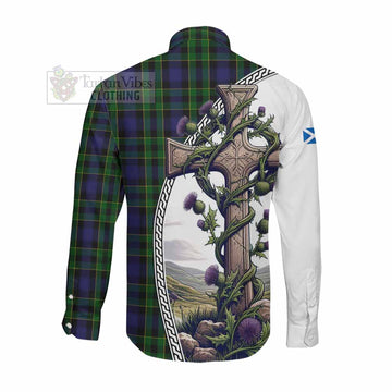 Mowat Tartan Long Sleeve Button Shirt with Family Crest and St. Andrew's Cross Accented by Thistle Vines