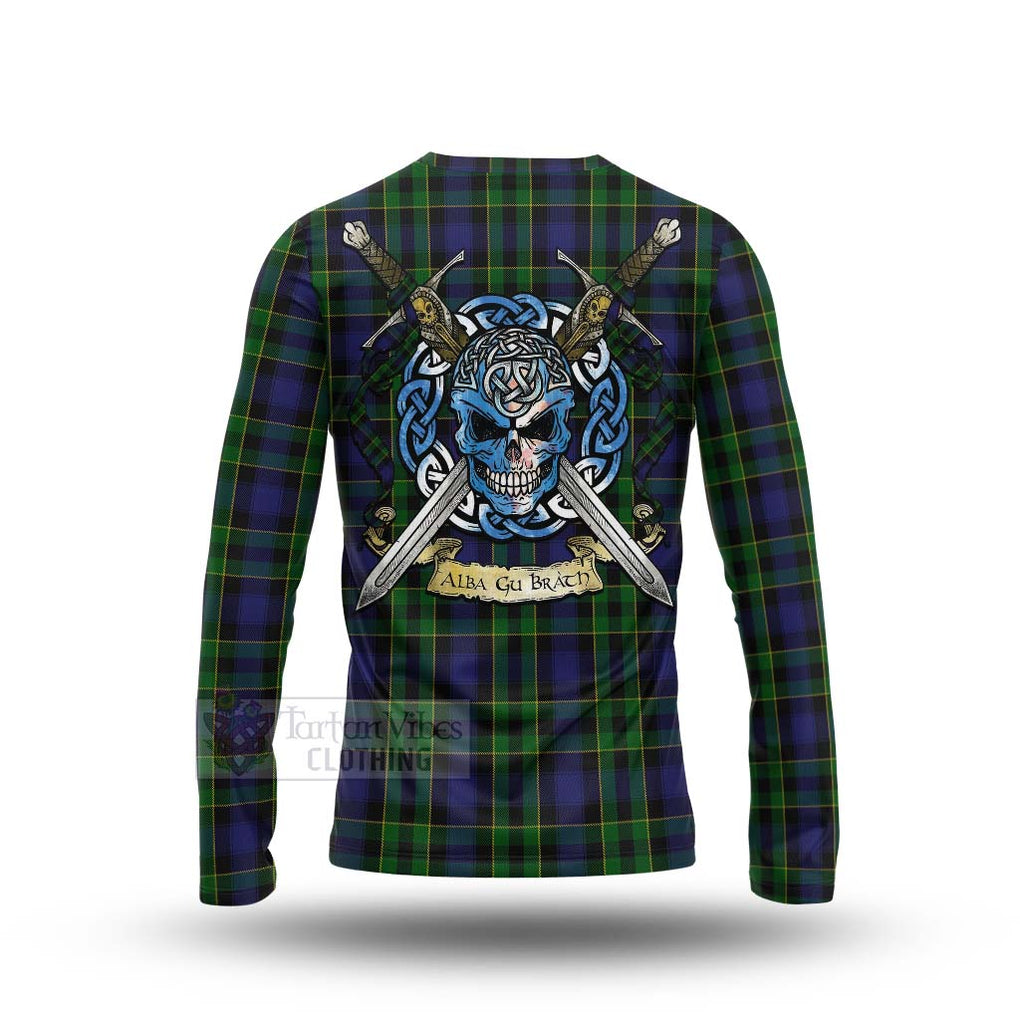 Tartan Vibes Clothing Mowat Tartan Long Sleeve T-Shirt with Family Crest Celtic Skull Style