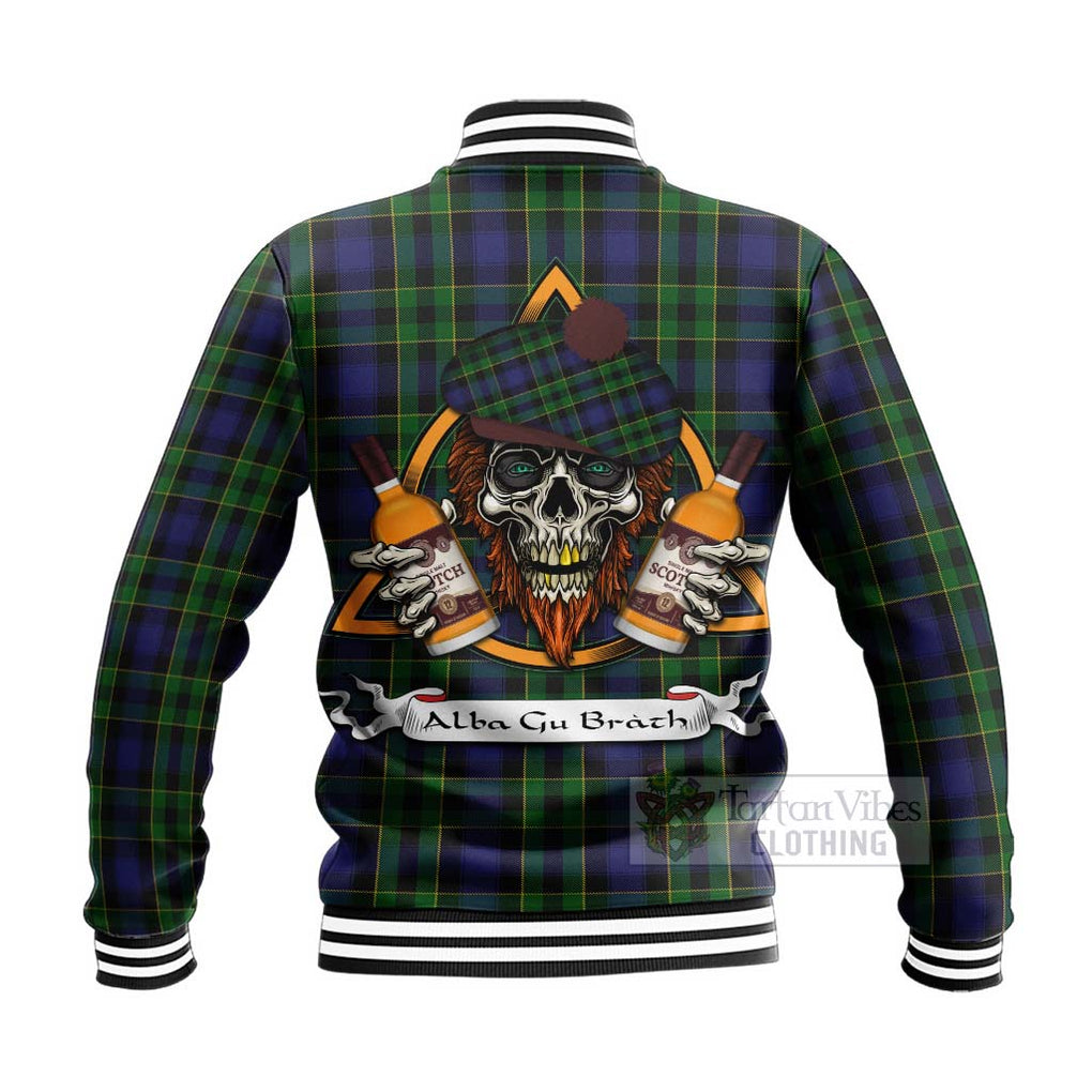 Tartan Vibes Clothing Mowat Tartan Baseball Jacket with Family Crest and Bearded Skull Holding Bottles of Whiskey