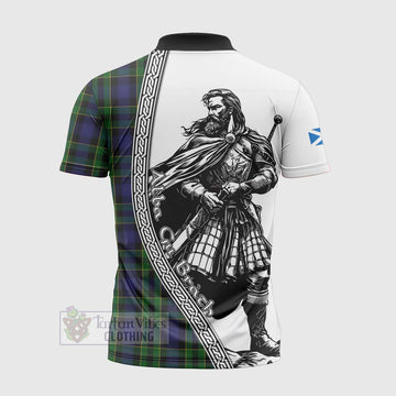 Mowat Tartan Clan Crest Zipper Polo Shirt with Highlander Warrior Celtic Style