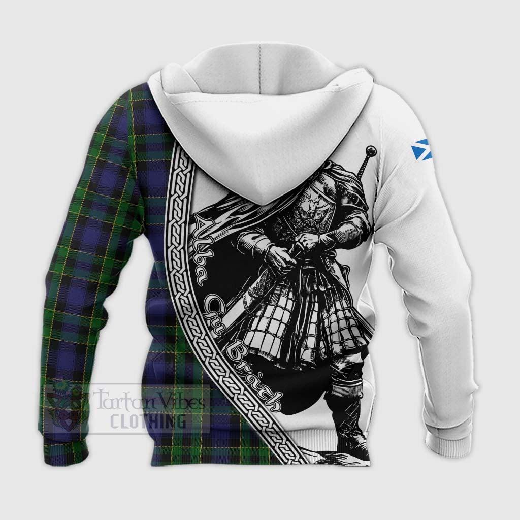 Tartan Vibes Clothing Mowat Tartan Clan Crest Knitted Hoodie with Highlander Warrior Celtic Style