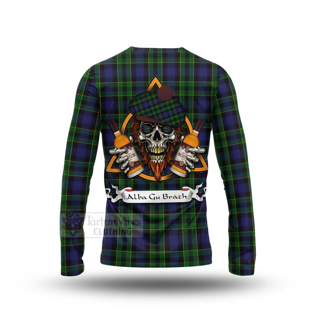 Tartan Vibes Clothing Mowat Tartan Long Sleeve T-Shirt with Family Crest and Bearded Skull Holding Bottles of Whiskey