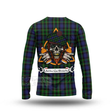 Mowat Tartan Long Sleeve T-Shirt with Family Crest and Bearded Skull Holding Bottles of Whiskey