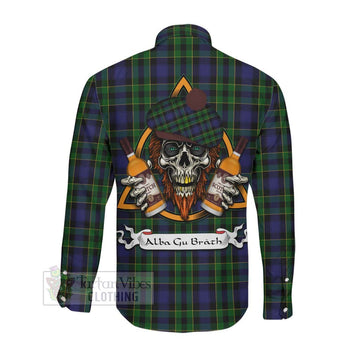 Mowat Tartan Long Sleeve Button Shirt with Family Crest and Bearded Skull Holding Bottles of Whiskey