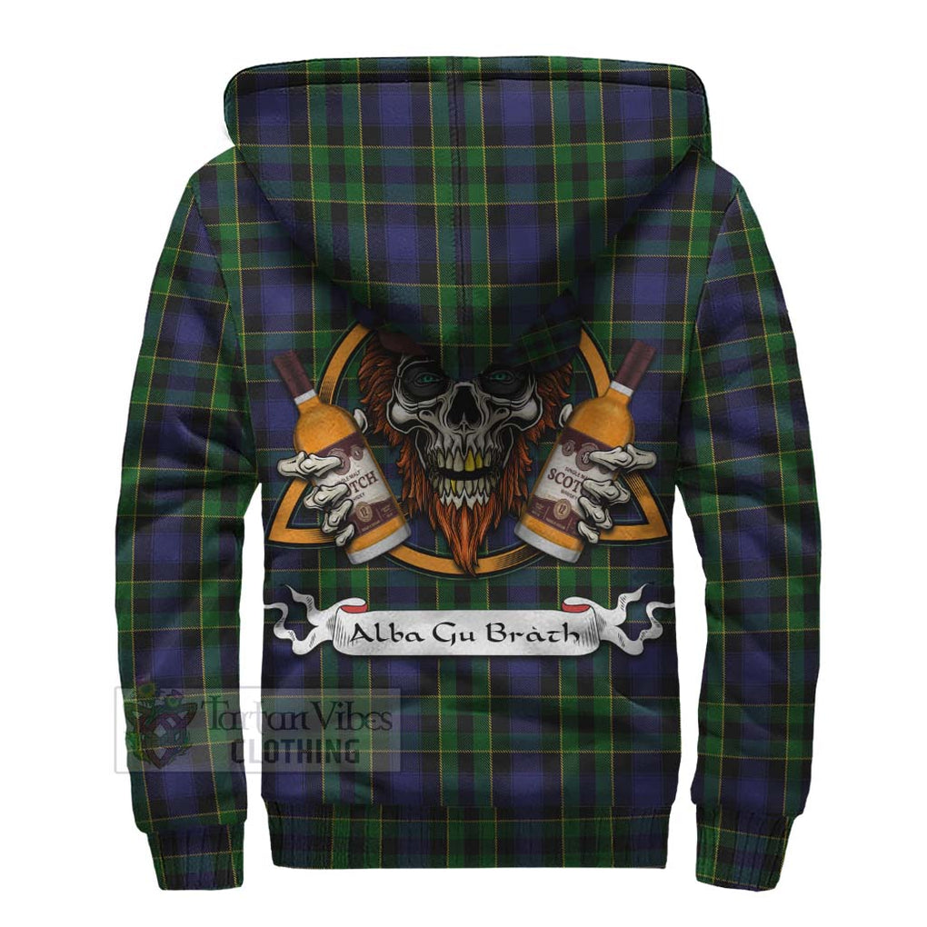 Tartan Vibes Clothing Mowat Tartan Sherpa Hoodie with Family Crest and Bearded Skull Holding Bottles of Whiskey