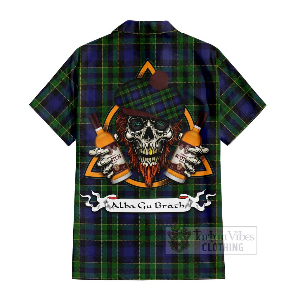 Tartan Vibes Clothing Mowat Tartan Short Sleeve Button Shirt with Family Crest and Bearded Skull Holding Bottles of Whiskey