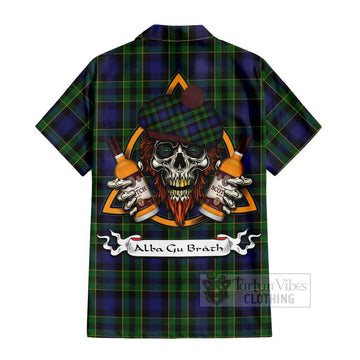 Mowat Tartan Short Sleeve Button Shirt with Family Crest and Bearded Skull Holding Bottles of Whiskey