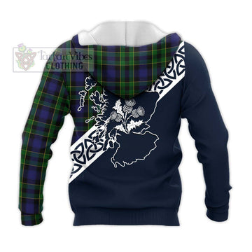 Mowat Tartan Knitted Hoodie Featuring Thistle and Scotland Map