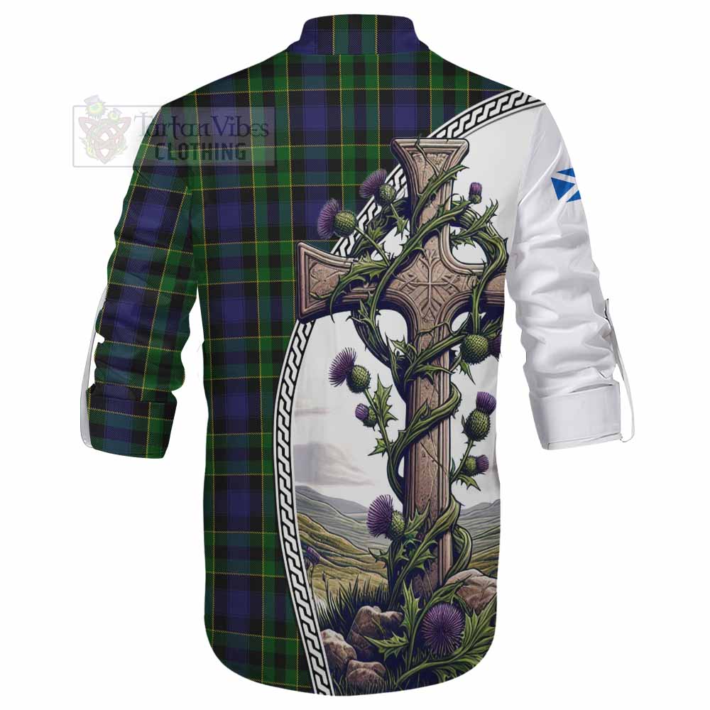 Tartan Vibes Clothing Mowat Tartan Ghillie Kilt Shirt with Family Crest and St. Andrew's Cross Accented by Thistle Vines