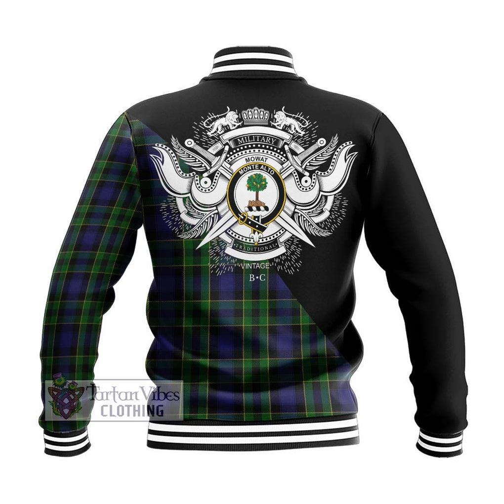 Mowat Tartan Baseball Jacket with Family Crest and Military Logo Style - Tartanvibesclothing Shop