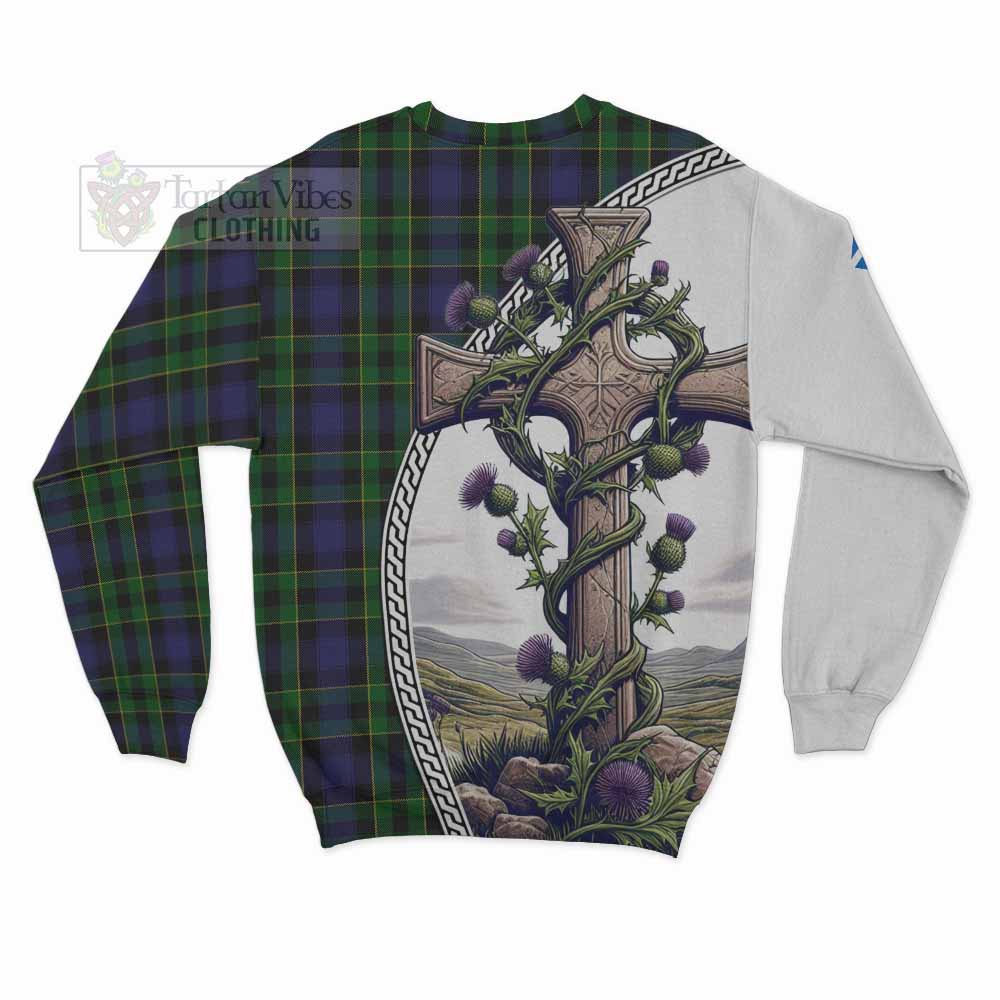 Tartan Vibes Clothing Mowat Tartan Sweatshirt with Family Crest and St. Andrew's Cross Accented by Thistle Vines