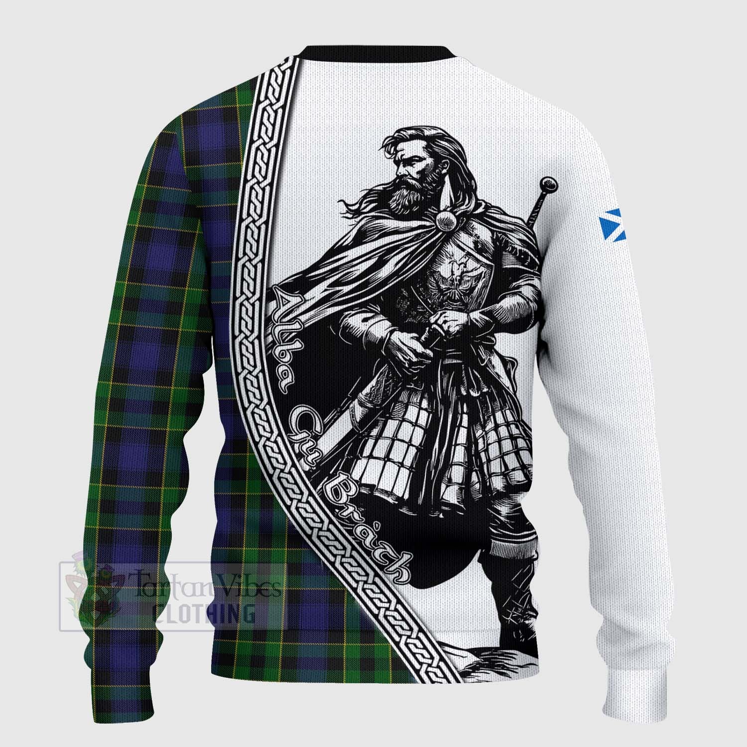 Tartan Vibes Clothing Mowat Tartan Clan Crest Knitted Sweater with Highlander Warrior Celtic Style