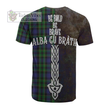 Mowat Tartan Family Crest Cotton T-shirt Alba Gu Brath Be Brave Lion Ancient Style - Tartan Vibes Clothing