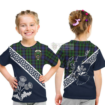 Mowat Tartan Kid T-Shirt Featuring Thistle and Scotland Map